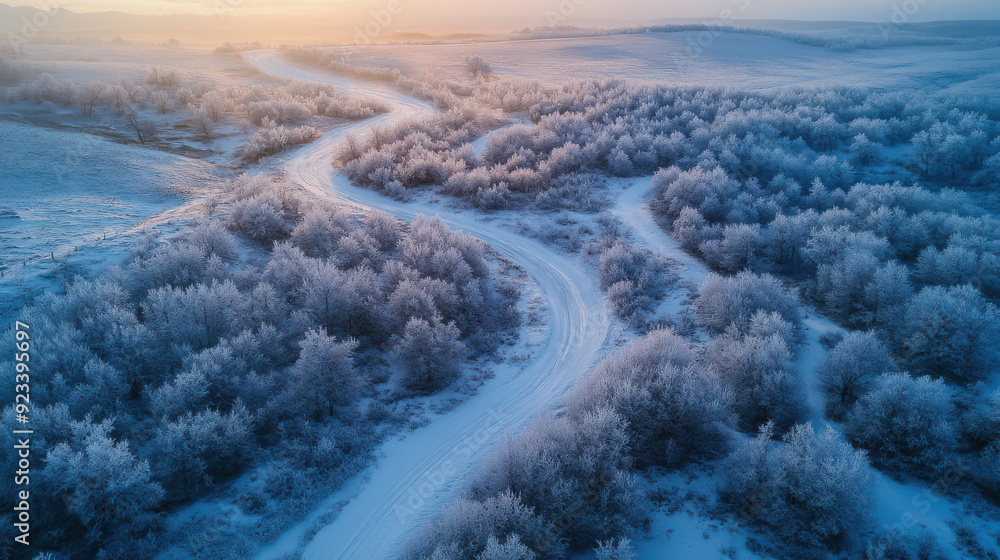 Wall mural aerial view of a snowy landscape with meandering paths, frosty trees, and the first light of dawn br