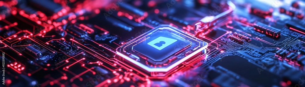 Poster close-up of a modern computer circuit board with a glowing processor amid vibrant red circuitry, sym