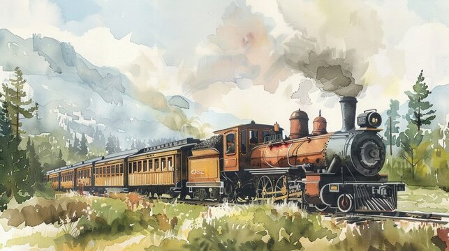 Old-fashioned train in a landscape scene rendered in watercolors