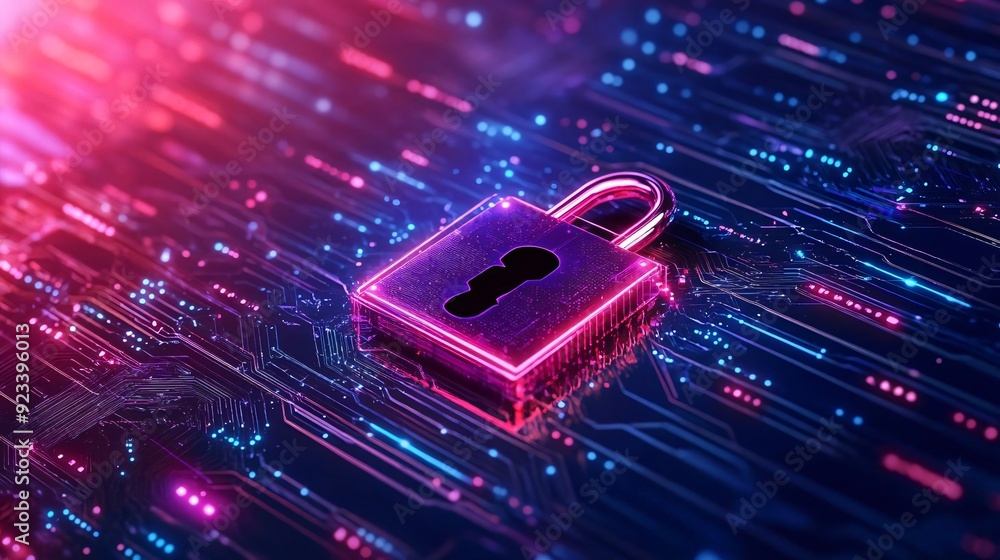 Poster digital lock on circuit board background, symbolizing data security and privacy in the modern techno