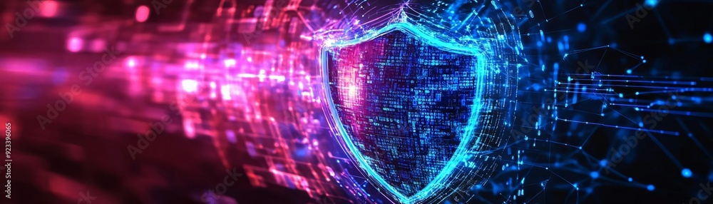Poster colorful shield symbolizing digital security and protection in a vibrant, futuristic setting with gl