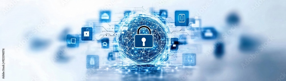 Poster digital lock symbolizing cybersecurity with blue data icons, securing information in a modern, high-