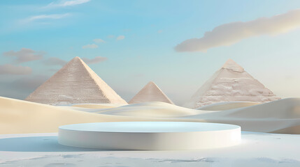 Product display platform with desert pyramids background