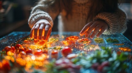 A child joyfully interacts with vibrant vegetables on a table, creating a lively atmosphere during...