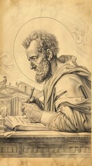 Fototapeta premium Illustration of Writing of St. Gregory the Great in Ancient Rome, Biblical Illustration, Beige Background, Copyspace