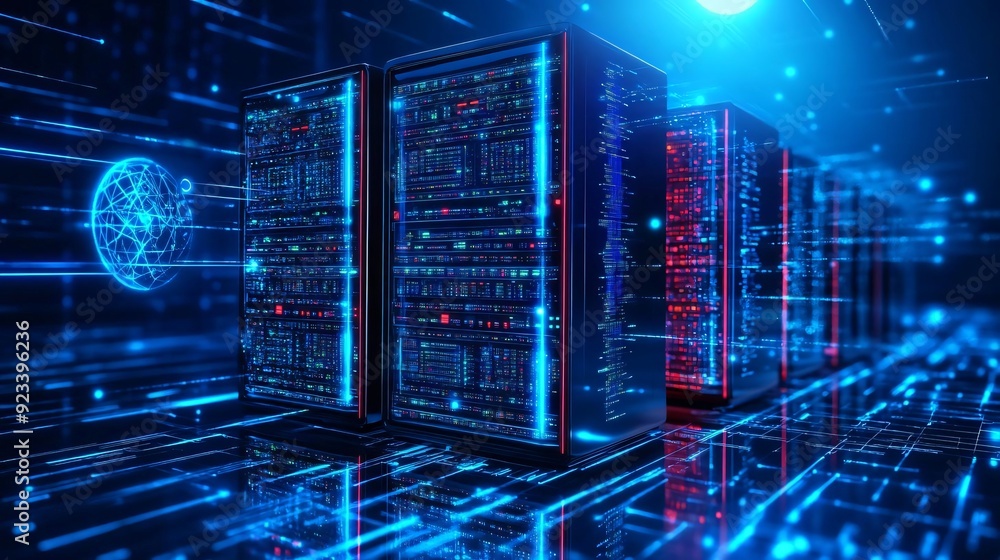 Poster futuristic data center with illuminated servers showcasing advanced technology and data flow in a di