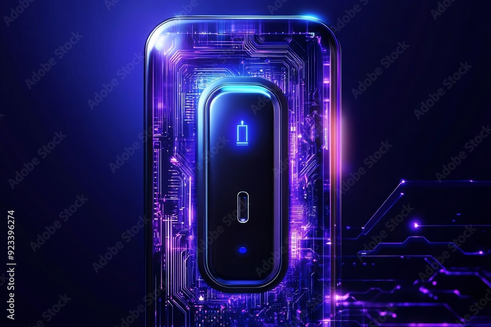 Poster futuristic design featuring a glowing device with a circuit board background, ideal for tech and inn