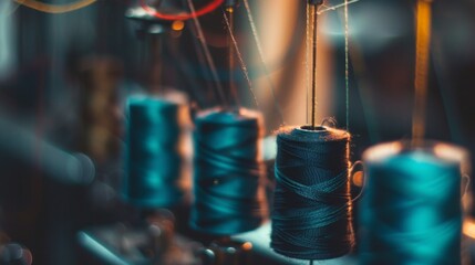 Spools of thread on a sewing machine, bathed in warm light, highlighting the precision and dedication of textile work.