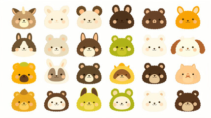 Fototapeta premium A collection of cute cartoon animal faces set against a white background.