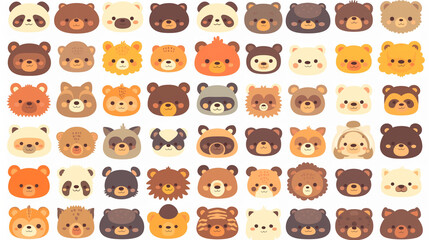 White background displaying a series of delightful cartoon animal faces.