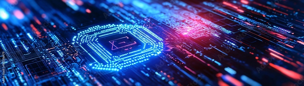 Poster futuristic digital circuit with a glowing microchip surrounded by vibrant data streams and lights, r