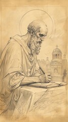 Fototapeta premium Illustration of Writing of St. John Cassian in 5th-Century Church, Biblical Illustration, Beige Background, Copyspace