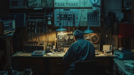 An engineer intently works at a cluttered workstation filled with vintage radio equipment, bathed in warm, focused light.