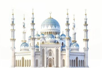 Fototapeta premium A detailed illustration of the white and blue mosque. Children's Book Illustration