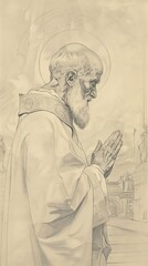 Fototapeta premium Illustration of Prayer of St. Leo the Great in 5th-Century Church, Biblical Illustration, Beige Background, Copyspace