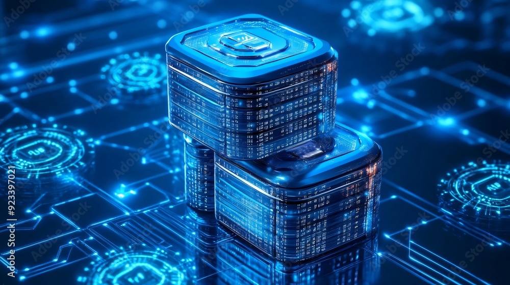 Poster futuristic digital storage cubes with glowing circuitry, representing advanced technology and data m