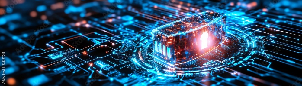 Poster futuristic digital technology concept with vibrant glowing circuits and a secure data cube, symboliz