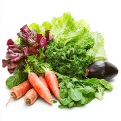 Fresh arrangement of leafy greens and root vegetables on a white backdrop
