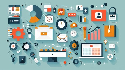 Digital marketing toolkit, essential tools overview, flat design illustration