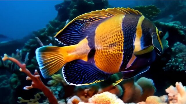 Camouflaged angelfish blending into vibrant coral reef , Beautiful fish video