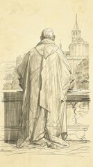 Illustration of Writing of St. Hilary of Poitiers in 4th-Century French Church, Biblical Illustration, Beige Background, Copyspace