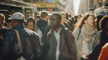 Crowded city sidewalk crammed with pedestrians navigating the bustling urban environment, capturing the essence of daily city life.