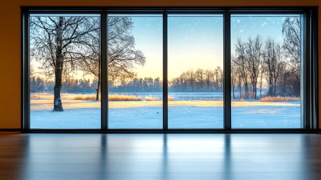 Serene snowfall outside large glass windows with snowflakes gently falling on a winter evening. Seamless looping time-lapse video background.