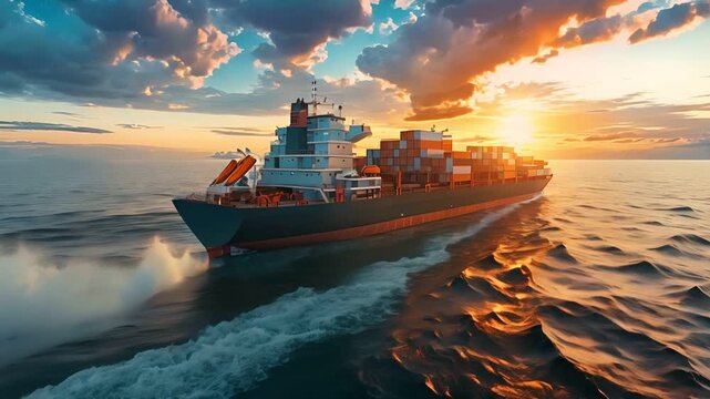 A large cargo ship sails across the ocean at sunset. The ship is loaded with colorful shipping containers.