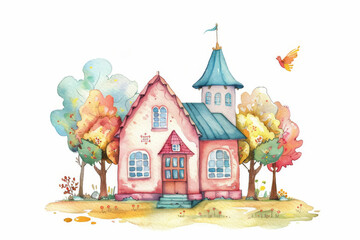 Watercolor painting of a pink house with a tower. Children's Book Illustration