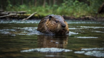  Beaver in river, Canadian forest setting