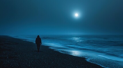 A solitary figure walks along a desolate beach at night The dark ocean and empty sky enhance the feelings of sadness and solitude The person silhouette is subtly illuminated by the moonlight