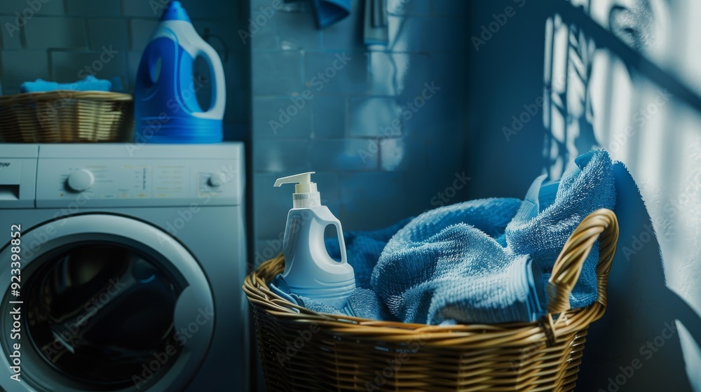 Wall mural an organized laundry room bathed in sunlight, featuring a washing machine, wicker basket with blue t