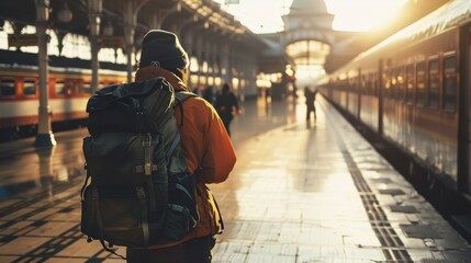 A solitary traveler with a backpack waits on a sunlit platform, capturing the essence of journeys and adventures at dawn in a train station.