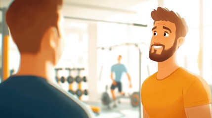 Two athletes engage in a discussion within a sunny, modern gym setting. They seem to be exchanging tips or strategies, surrounded by gym equipment and a motivated atmosphere.