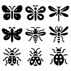 Insects Icon Silhouette Set, Detailed and Nature-Inspired - Flat Vector Illustration