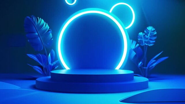 Blue neon circles and tropical leaves frame a minimalist podium, perfect for product displays or presentations.