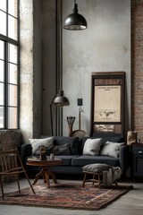 Poster mockup, interior design of a vintage style hipster loft.