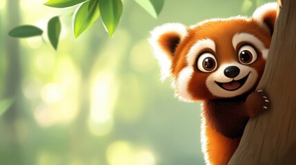 A charming image showing a red panda peeking out from behind a tree trunk with a curious and endearing expression, set against a lush green, sun-dappled background.