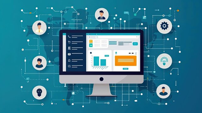 CRM software, customer relationship management, flat design illustration