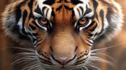 Obraz premium An intense close-up of a tiger's face with piercing eyes, sharp features, and detailed fur pattern, radiating strength and wild beauty in its natural habitat.