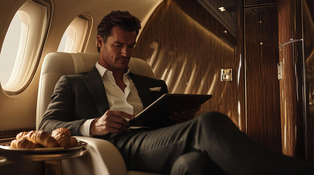 Portrait of a rich man in private jet. 