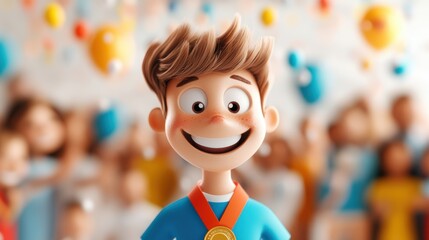 A young boy with spiky hair wearing a blue shirt with a medal around his neck stands proudly as a crowd celebrates around him with colorful balloons.