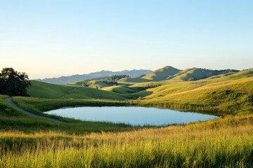 Stunning landscape featuring rolling hills and a clear sky. Include a walking trail or a small lake to add interest. Capture the beauty and serenity of nature.