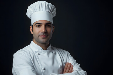 Naklejka premium Portrait of Young handsome chef in white outfit with crossed arms looking at camera