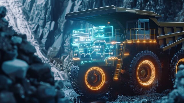 A futuristic mining truck equipped with advanced digital interfaces and glowing lights navigates a rugged terrain, symbolizing technological advancements in the industry.