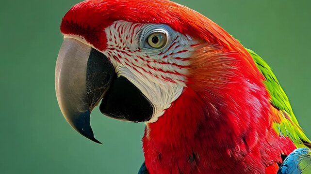 A colorful parrot with a green and red head and a black beak. The bird is looking directly at the camera