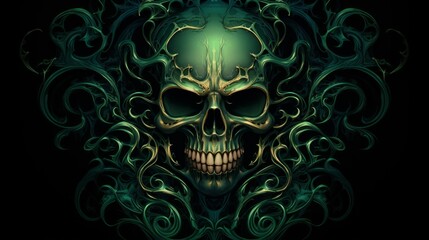 Fototapeta premium Dark green skull with luxury ornament on black background surface. Neural network ai generated art