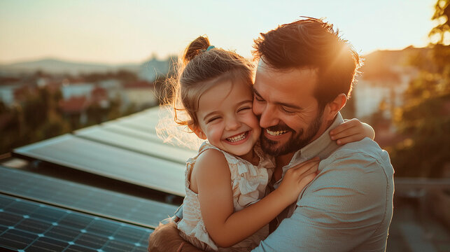 Vater und Tochter l&auml;chelnd und umarmend vor Solarzellen, Familienfreude, erneuerbare Energie, nachhaltiges Leben, umweltfreundlich, Sonnenlicht, gl&uuml;ckliche Vater-Tochter-Beziehung, Natur und Solarener