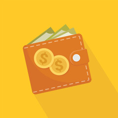 Male wallet with gold dollar coins and banknotes. Vector illustration isolated on orange background. Money concept