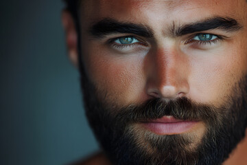 Obraz premium Close-up portrait of handsome bearded man looking directly at the camera on dark background